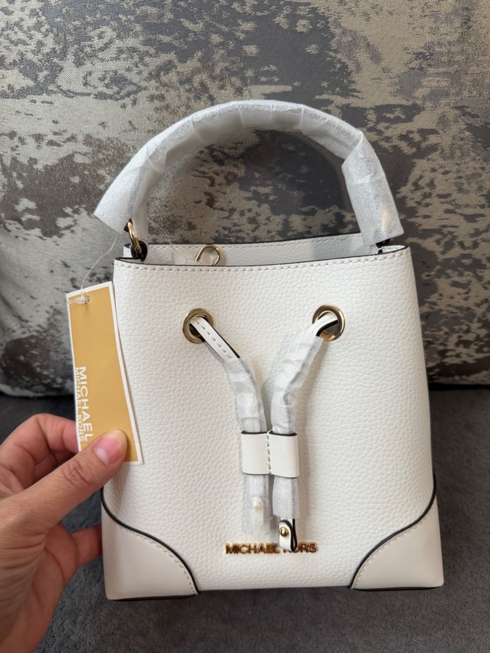 Michael Kors Mercer White Pebbled Leather Drawstring Crossbody Bucket Bag